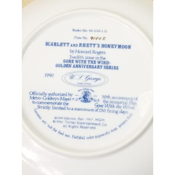 Gone With The Wind Scarlett And Rhett Honeymoon 1990 Plate Wall Decor Fine China - Picture 12 of 13